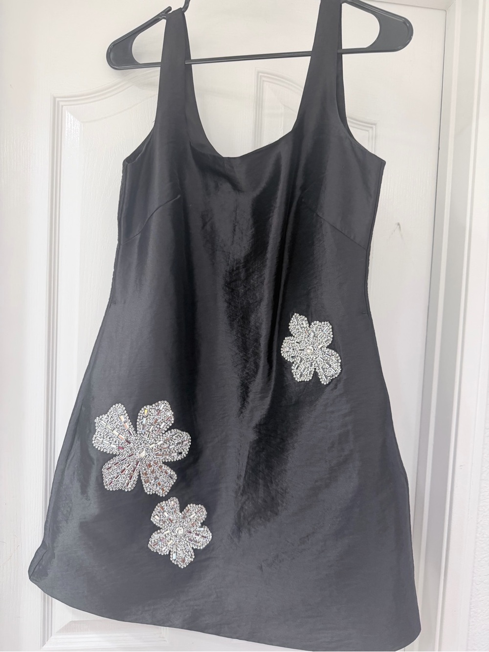Black Satin Mini Dress with Sequin Floral Appliqués